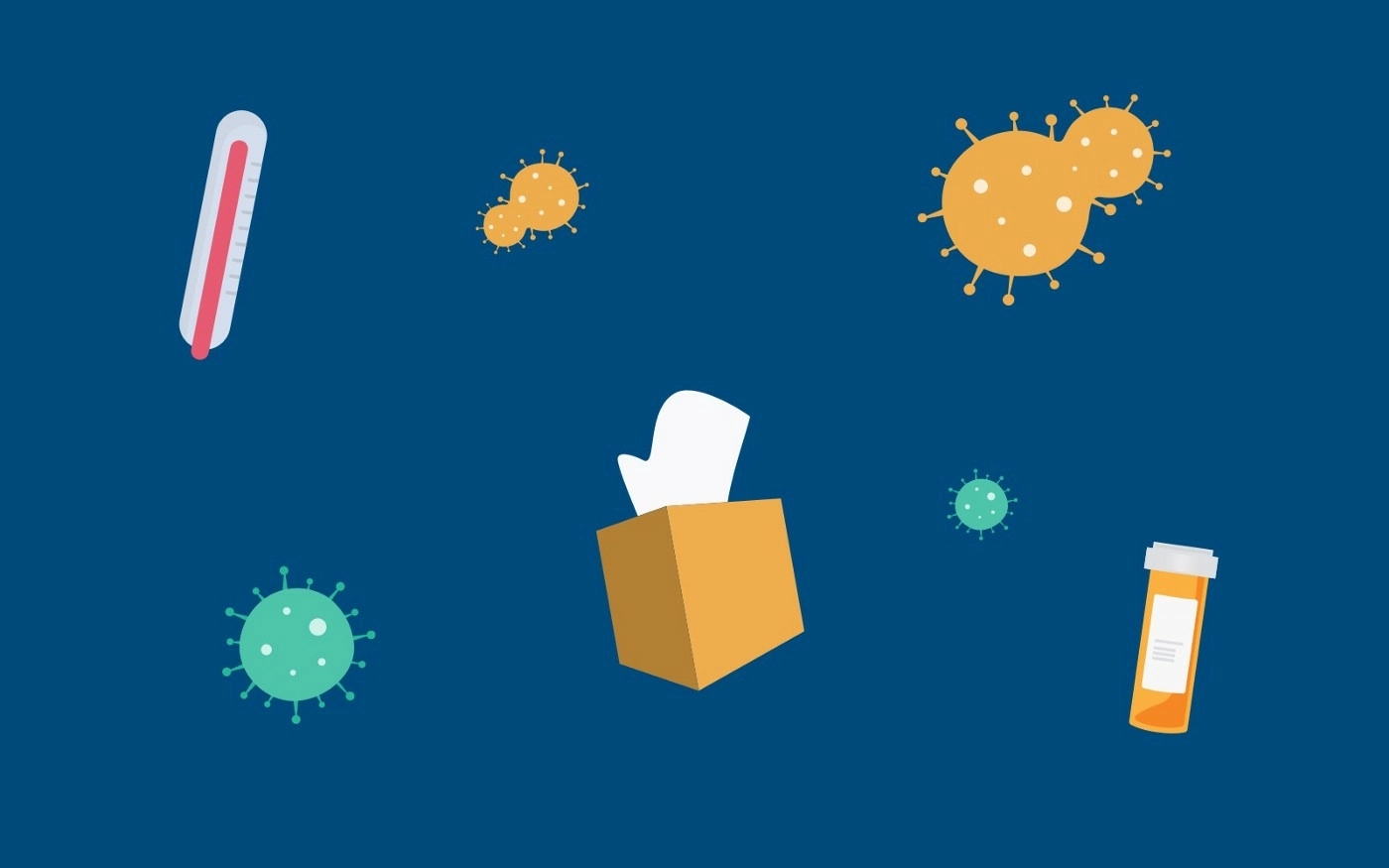 Illustration of germs, tissues, a thermometer and a pill bottle