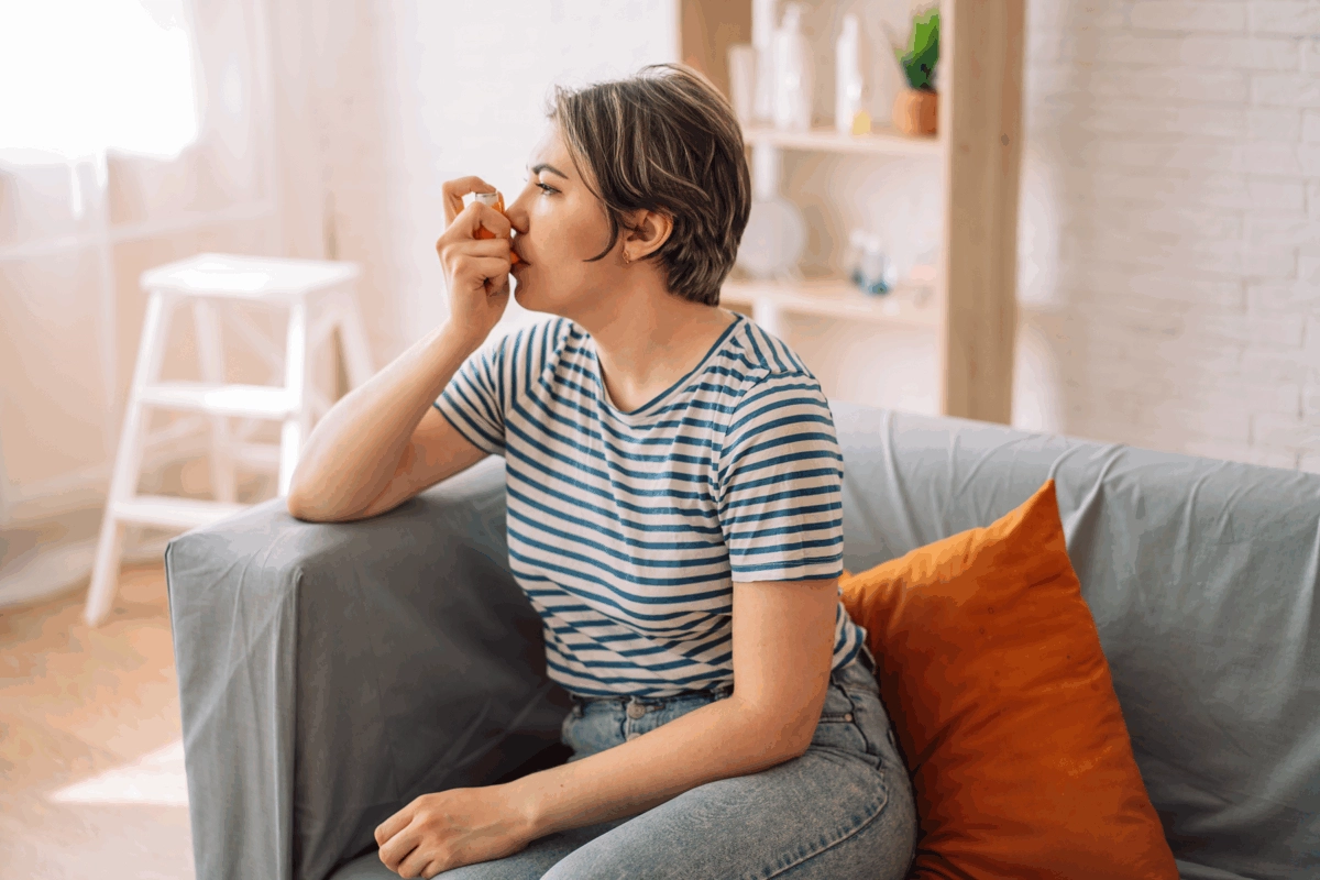 Woman using an inhaler for asthma