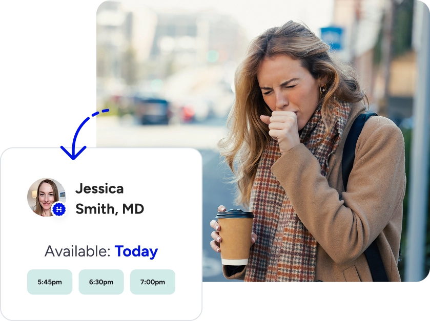 Woman coughing next to Doctor On Demand app screen