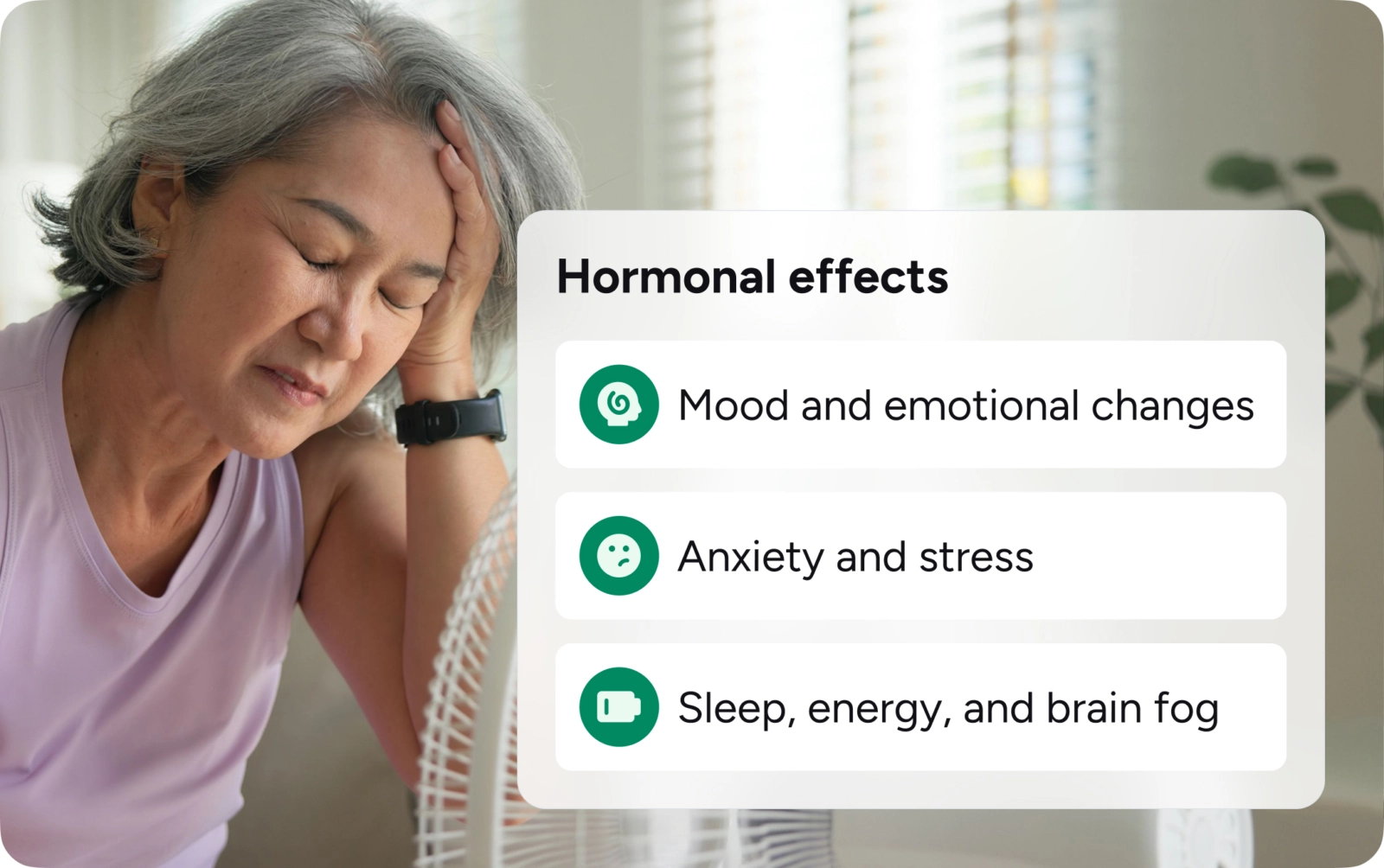 An older woman experiencing hormonal effects.
