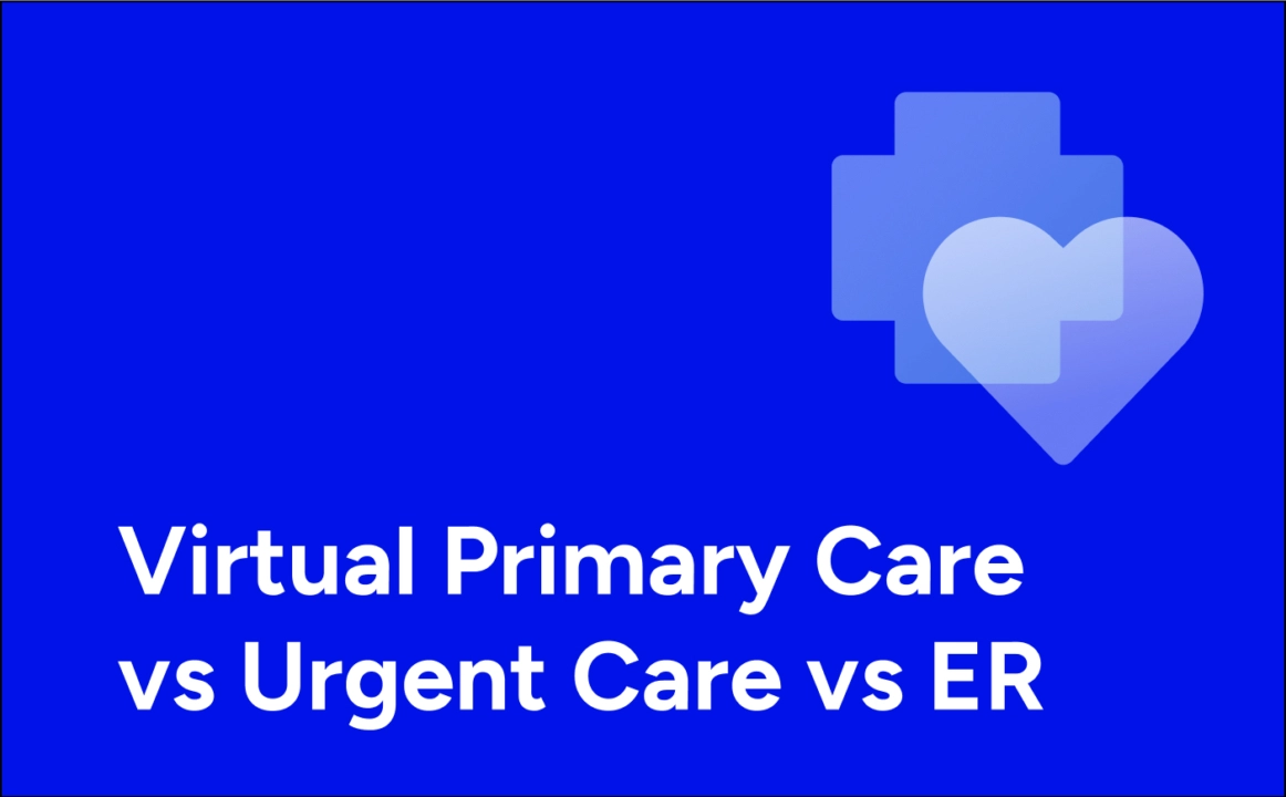 Blue heart and medical cross. Virtual primary care vs. urgent care vs. ER.