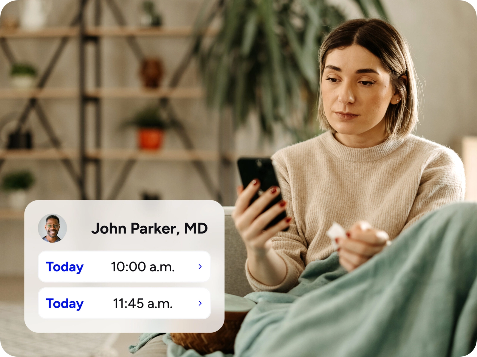 A woman scheduling a virtual visit with her doctor from her phone.