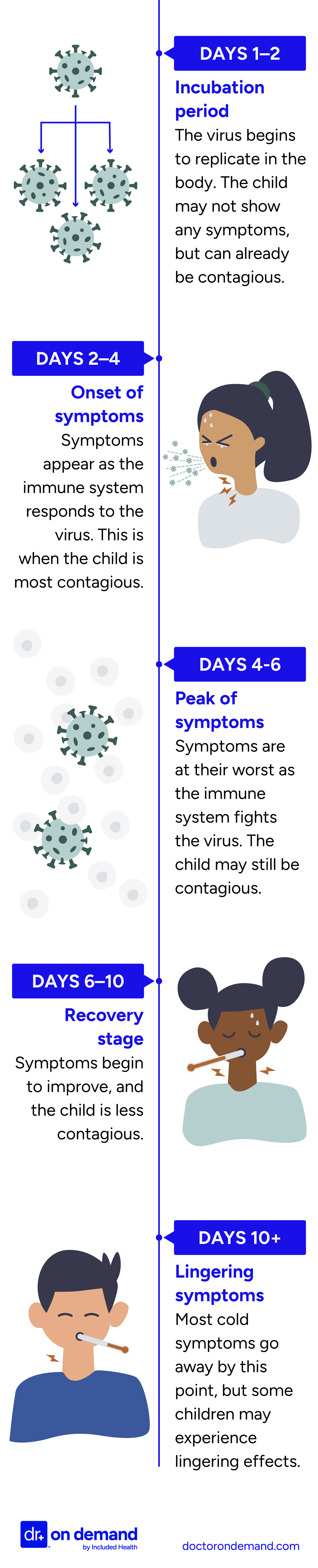 Timeline of a Child's Cold
DAYS 1-2
Incubation period
DAYS 2-4
Onset of Symptoms
DAYS 4-6
Peak of symptoms
DAYS 6-10
Recovery stage
DAYS 10+
Lingering symptoms